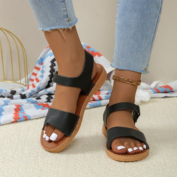 Viluyesy Women's Flat Sandals, Solid Color Ankle Strap Open Toe Summer Trendy Casual Beach Shoes Black 7