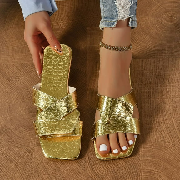 Viluyesy Women's Flat Sandals, Square Toe Slip-On Soft Comfortable Summer Casual Beach Slides Shoes Gold