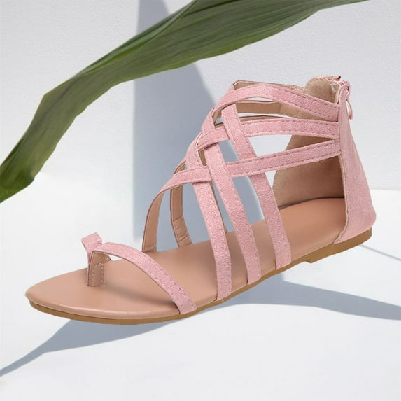 Viluyesy Women's Flat Sandals, Zipper Back Clip Toe Ankel Strappy Summer Roman Gladiator Shoes Pink