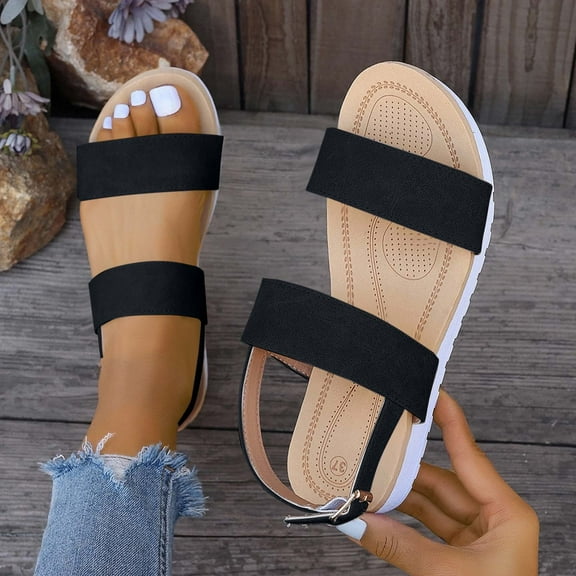 Viluyesy Women's Flatform Sandals, Wide Width Open Toe Adjustable Strap Casual Fashion Comfortable Shoes Black 8.5