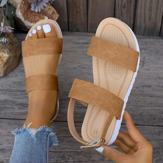 Viluyesy Women's Flatform Sandals, Wide Width Open Toe Adjustable Strap Casual Fashion Comfortable Shoes Khaki 7