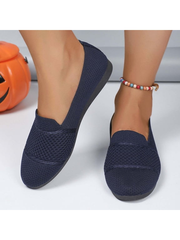 Women's Flats, Shallow Breathable Wide Width Round Toe Casual Comfortable Slip-On Shoes Dark Blue 8.5