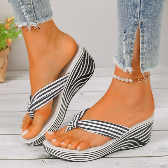 Viluyesy Women's Flip Flops Sandals, Stripe Prints Open Toe Slip-On Summer Casual Beach Outdoor Wedge Slippers Black