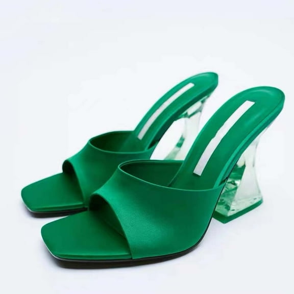 Viluyesy Women's Heels Sandals, Chunky Heeled Square Toe Slip-On Summer Casual Single Band Shoes Green