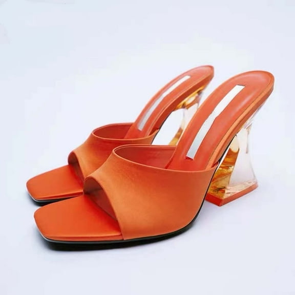 Viluyesy Women's Heels Sandals, Square Toe Slip-On Chunky Heeled Summer Casual Single Band Shoes Orange