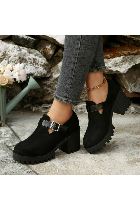 Women's High Heels Loafers, Round Toe Comfortable Non-slip New Style Fashion Platform Shoes Black