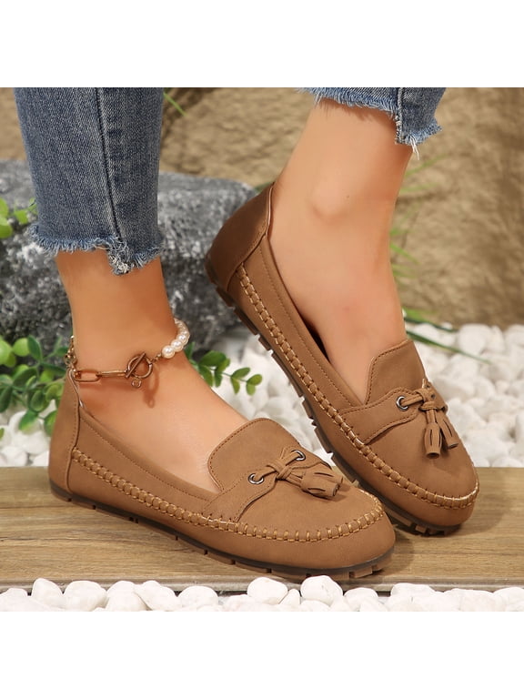 Women's Loafers Shoes, Classic Tassel Soft Sole Comfortable Round Toe Casual Dressy Office Falts Shoes Brown 6.5