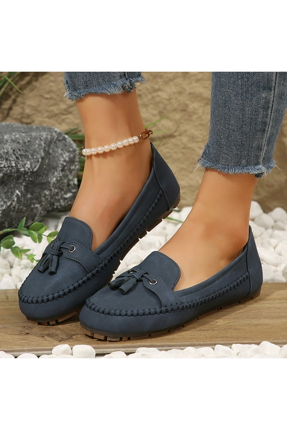 Women's Loafers Shoes, Soft Sole Comfortable Classic Tassel Round Toe Casual Dressy Office Falts Shoes Blue 7.5