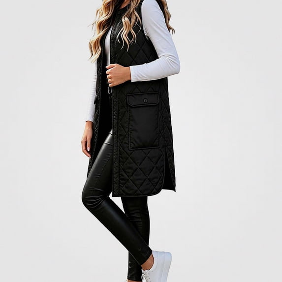 Zip Button Snap Viluyesy Women's Long Quilted Vest Zip Up Snap Button Stand Collar ...