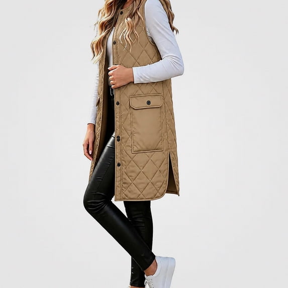 Zip Button Snap Viluyesy Women's Long Quilted Vest Zip Up Snap Button Stand Collar ...