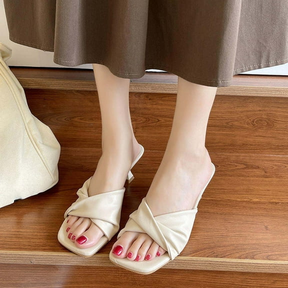 Viluyesy Women's Low Heels Sandals, Slip-On Wide Width Square Toe Summer Causal Fashion Shoes Beige 8