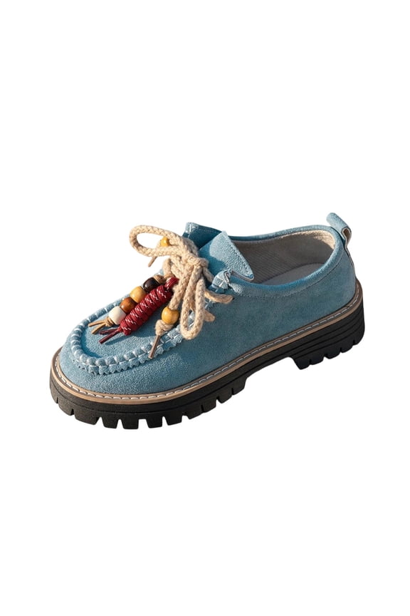 Women's Lug Sole Loafers, Round Toe Retro Lace Up Faux Suede 2026 Fashion Platform Loafers Sky Blue