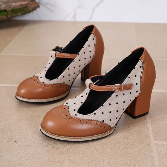 Viluyesy Women's Mary Jane Pumps Chunky Heel T Strap Block Heel Slip On Comfortable Dress Casual Work Shoes Brown Size 6