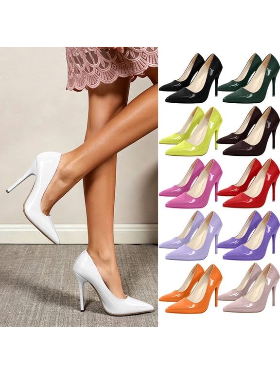 Women's Patent Leather Pumps Stiletto Pointed Toe High Heels Dressy Slip On Comfortable Work Party Wedding White Size 7