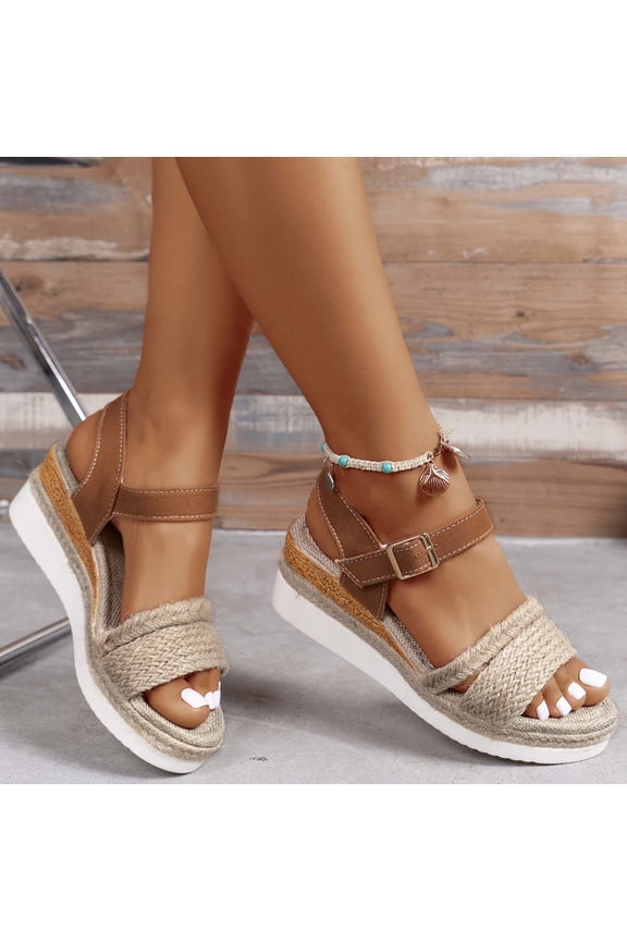 Women's Platform Sandals, Adjustable Strap Flax Linen Open Toe Summer Casual Comfortable Wedge Shoes Brown