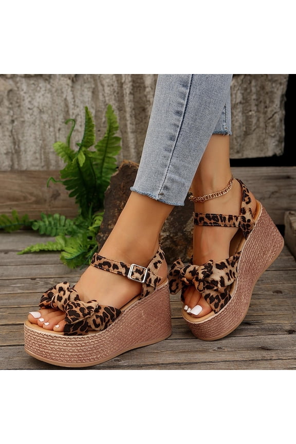 Women's Platform Sandals, Open Toe Adjustable Strap Leopard Prints Summer Thick Sole Casual Vacation Shoes Khaki 7.5