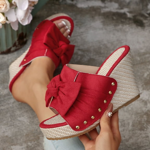 Viluyesy Women's Platform Sandals, Open Toe Fashion Bow Slip On Summer 2025 Thick Sole Vacation Shoes Red 8.5