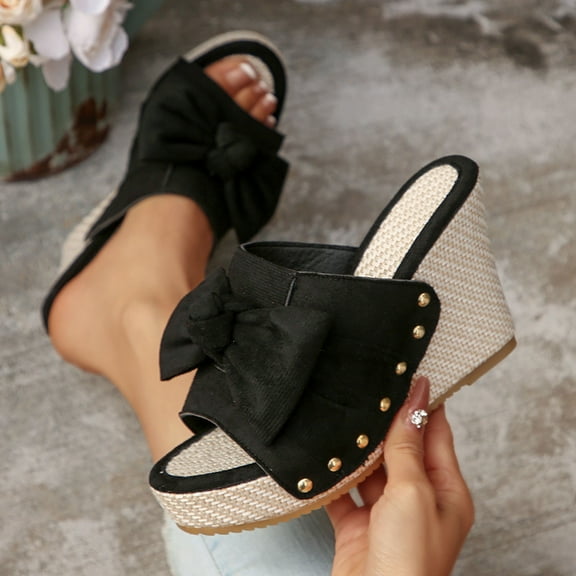 Viluyesy Women's Platform Sandals, Open Toe Slip On Fashion Bow Summer 2025 Thick Sole Vacation Shoes Black 9.5