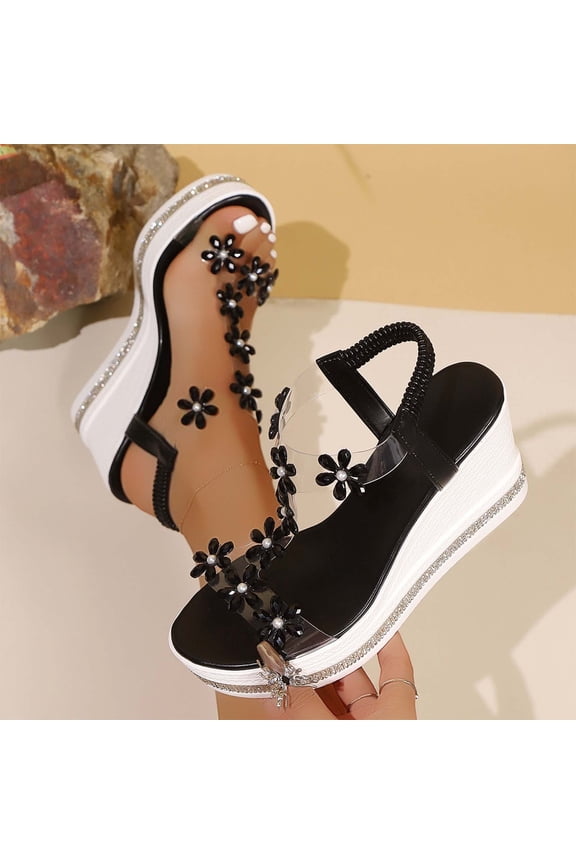 Women's Platform Sandals, Peep Toe Flower Decoration Ankle Elastic Strap New Style Comfortable Wedge Shoes Black