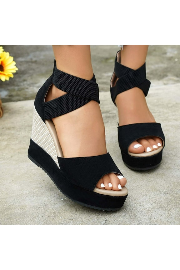 Women's Platform Shoes, Back Zipper Peep Toe Thick Sole Comfortable Fashion Wedge Shoes Black 7