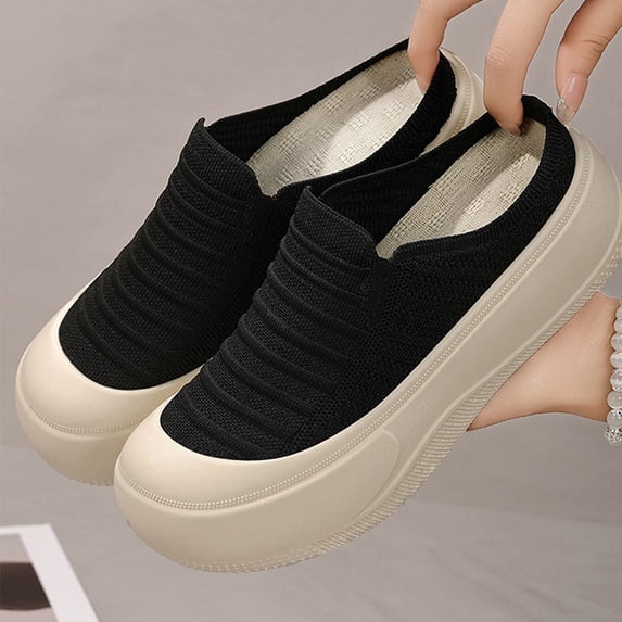 Viluyesy Women's Platform Sneakers Chunky Slip On Comfortable Breathable Knit Walking Shoes Non Slip Casual Flats Black Size 6.5