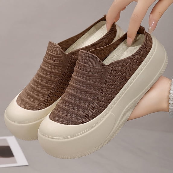 Viluyesy Women's Platform Sneakers Chunky Slip On Comfortable Breathable Knit Walking Shoes Non Slip Casual Flats Coffee Size 8