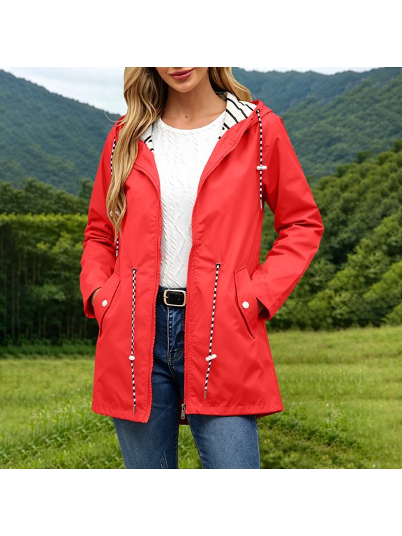 Women's Plus Size Rain Jacket Waterproof Windproof Drawstring Waist Midi Length Lined Hooded Coat Red Size 3XL