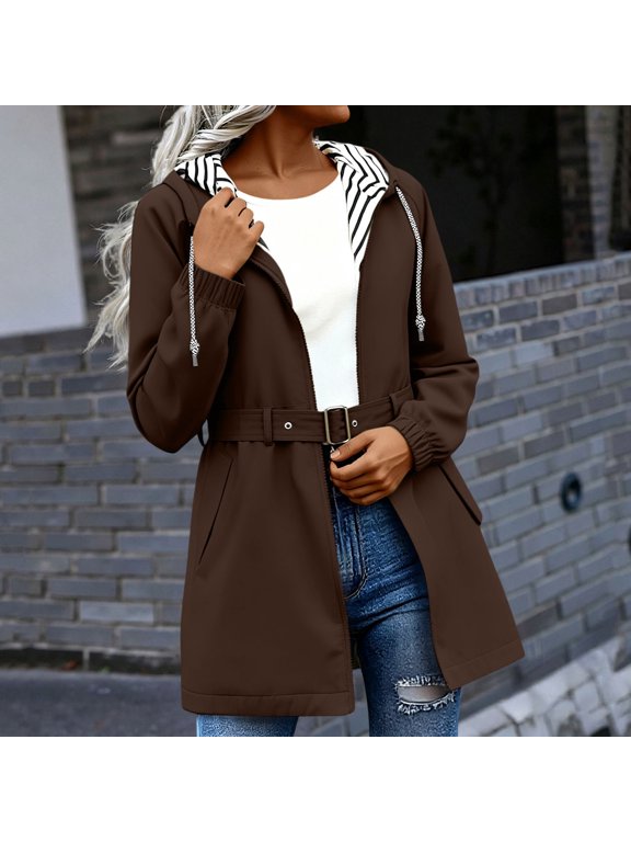 Women's Rain Jacket Waterproof Windproof Belted Waist Midi Length Striped Lined Hooded Coat Brown Size M