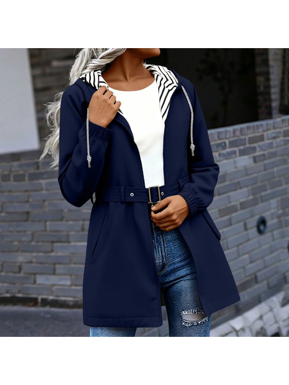 Women's Rain Jacket Waterproof Windproof Belted Waist Midi Length Striped Lined Hooded Coat Navy Size 2XL