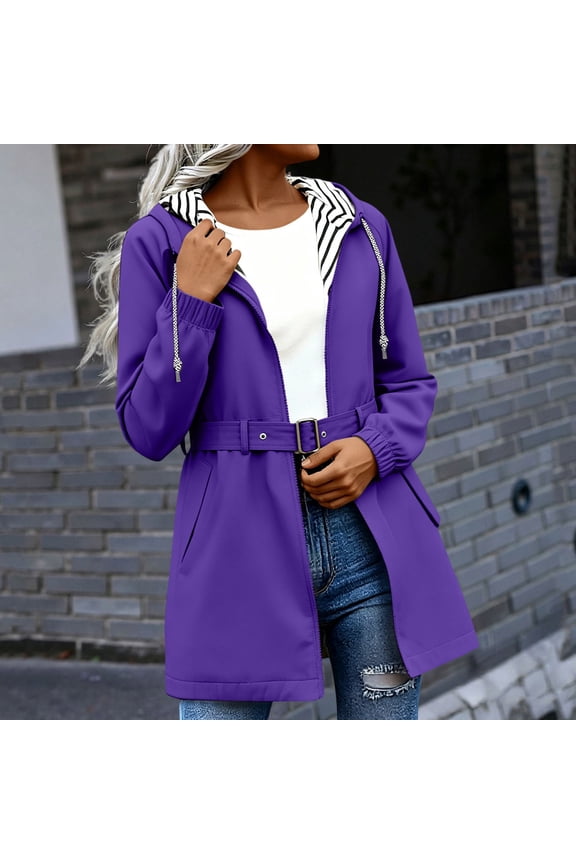Women's Rain Jacket Waterproof Windproof Belted Waist Midi Length Striped Lined Hooded Coat Purple Size L