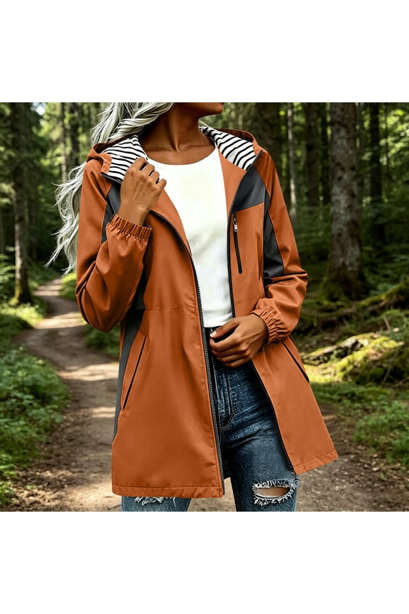 Women's Rain Jacket Waterproof Windproof Color Block Midi Length Lined Hooded Coat Orange Size M
