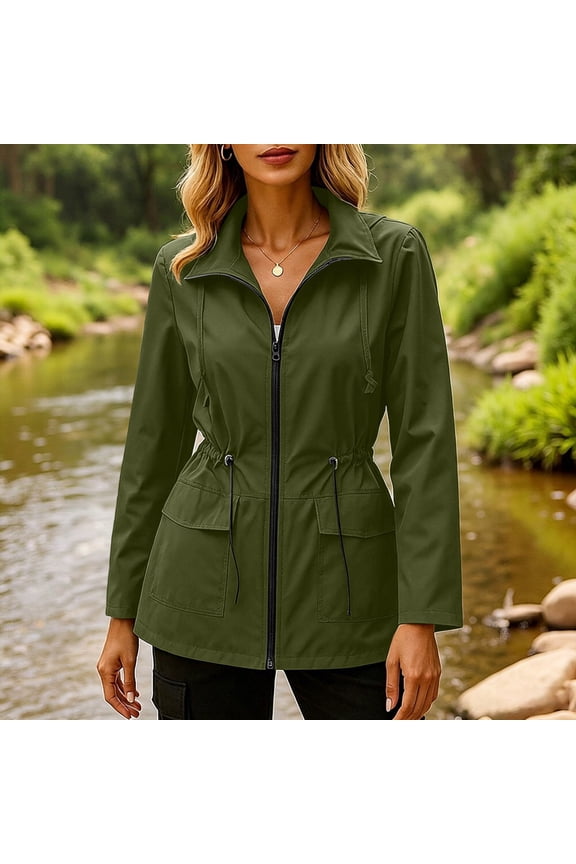 Women's Rain Jacket Waterproof Windproof Drawstring Waist Lightweight Casual Coat Green Size M