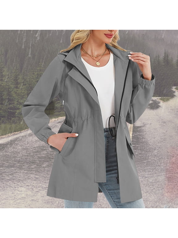 Women's Rain Jacket Waterproof Windproof Hooded Drawstring Waist Midi Length Coat Dark Gray Size L
