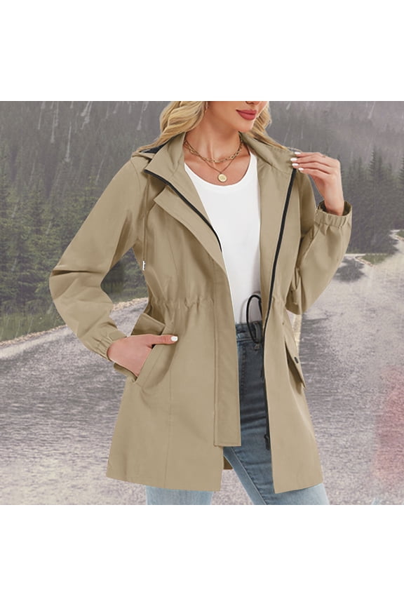 Women's Rain Jacket Waterproof Windproof Hooded Drawstring Waist Midi Length Coat Khaki Size 2XL