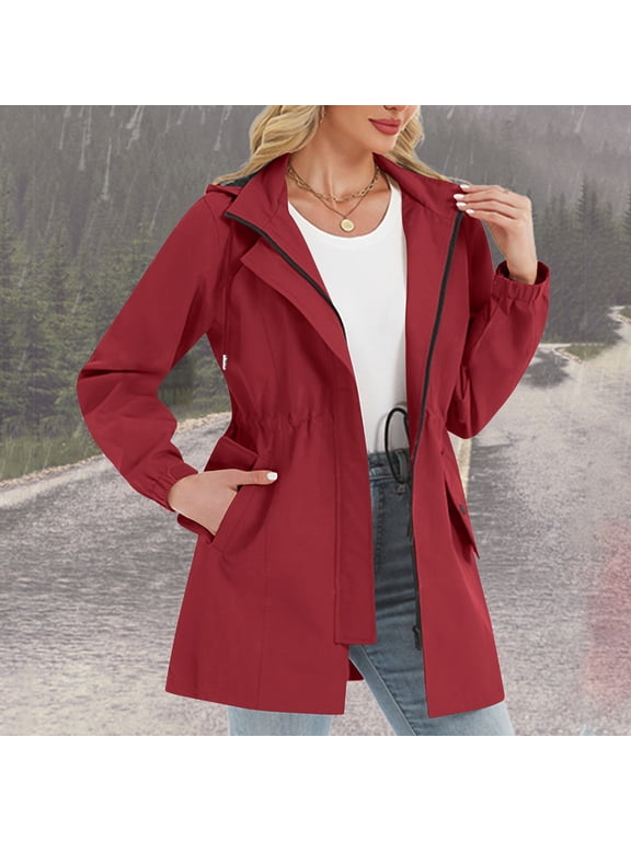Women's Rain Jacket Waterproof Windproof Hooded Drawstring Waist Midi Length Coat Wine Size 2XL