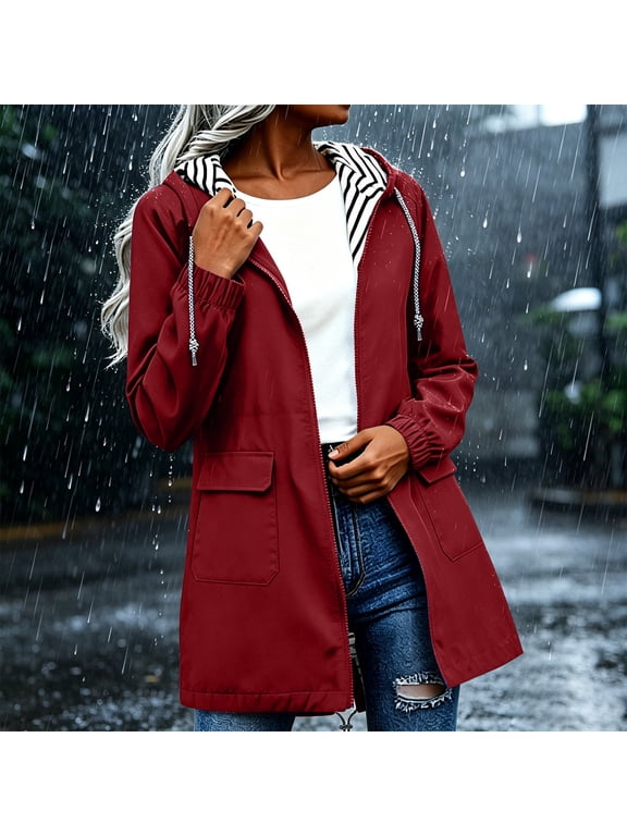 Women's Rain Jacket Waterproof Windproof Hooded Midi Length Lined Outdoor Coat Red Size M