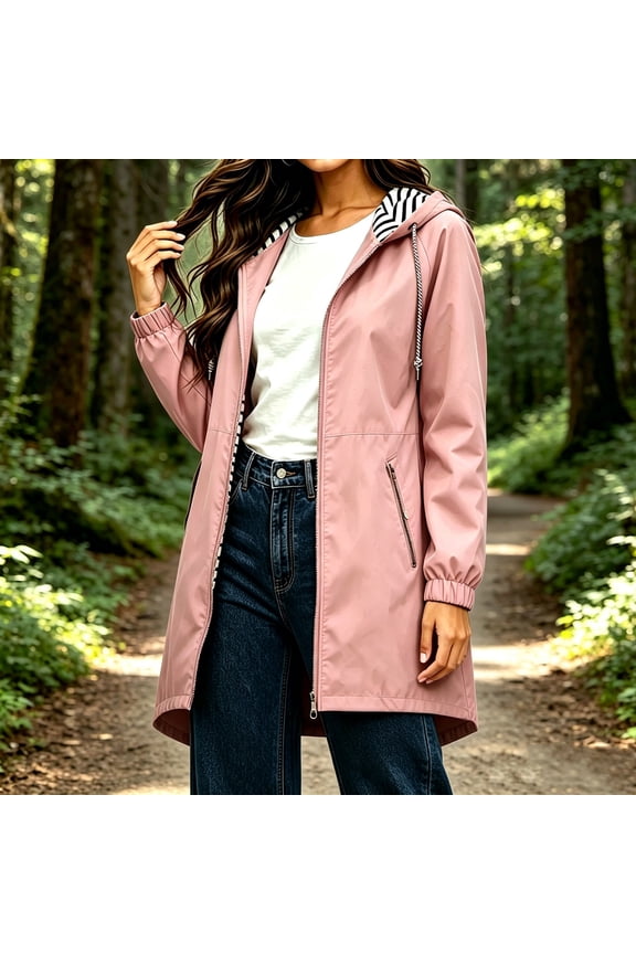 Women's Rain Jacket Waterproof Windproof Hooded Midi Length Striped Lined Casual Coat Pink Size XL