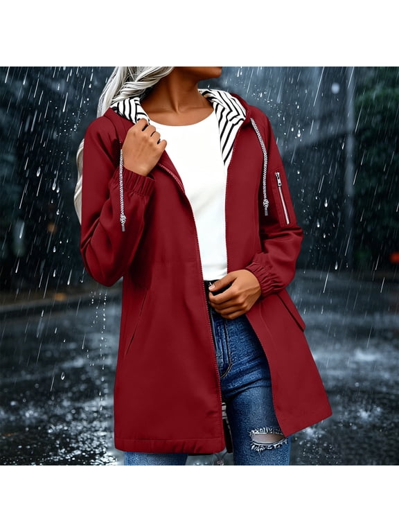 Women's Rain Jacket Waterproof Windproof Hooded with Pockets Midi Length Lined Outdoor Coat Red Size L
