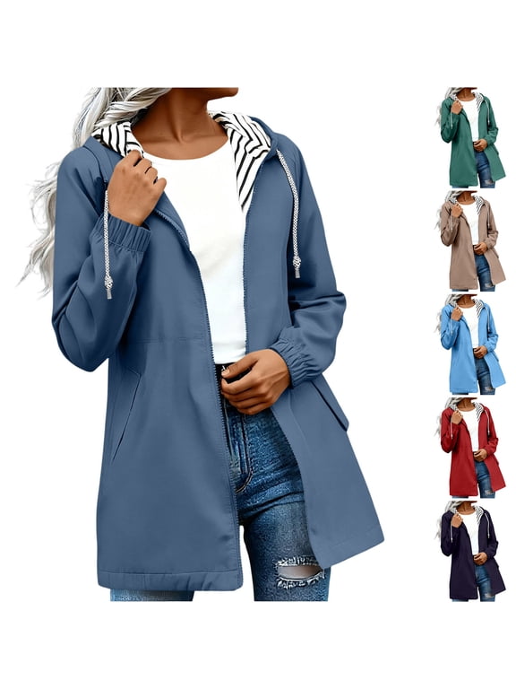 Women's Rain Jacket Waterproof Windproof Midi Length Striped Lined Hooded Casual Coat Blue Size XL