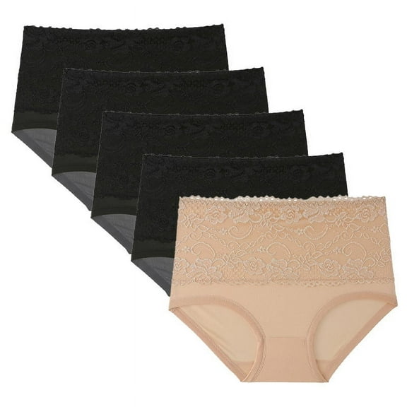 Viluyesy Women's Shaping Briefs 5-Pack, Embroidered Plus Size High Waist Tummy Control Panties Black L
