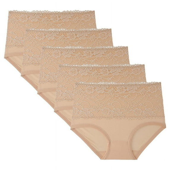 Viluyesy Women's Shaping Briefs 5-Pack, High Waist Plus Size Embroidered Tummy Control Panties Beige L