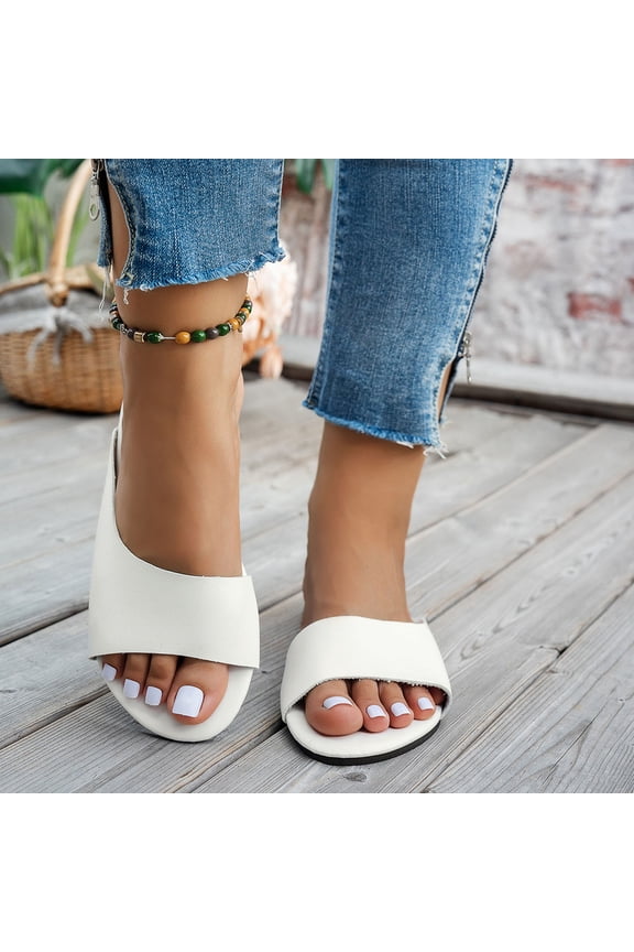 Women's Slides Sandals, Soft Leather Solid Color Open Toe Summer Casual Simple Flat Slippers White