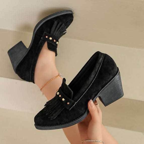 Viluyesy Women's Suede Loafers Block Heel Tassel Slip On Comfortable Casual Work Dress Shoes Black Size 7