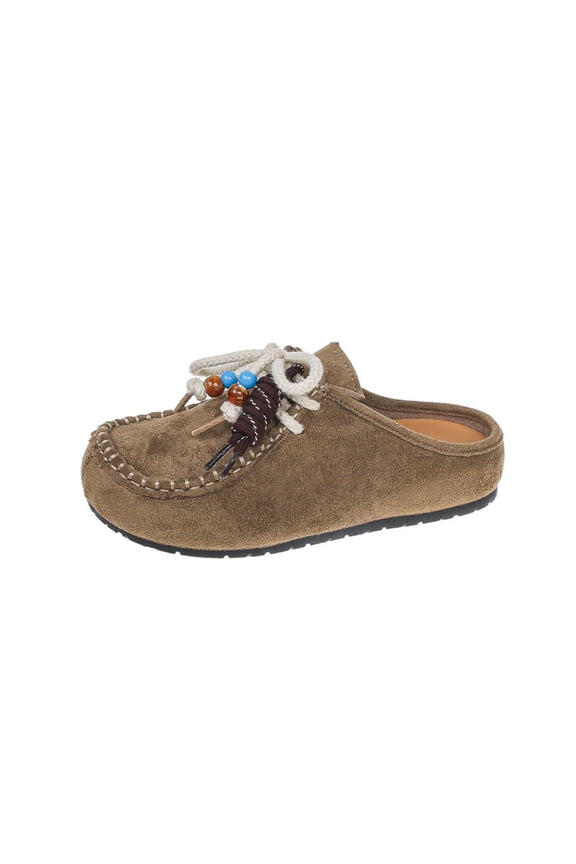 Women's Suede Moccasin Mules, Round Toe Casual Comfortable Slip On Walking Flat Clogs Khaki