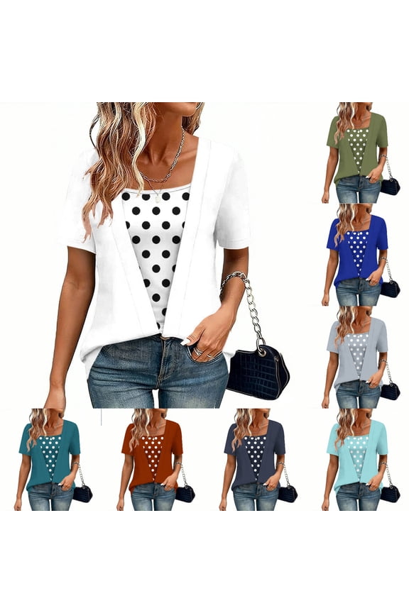 Women's T Shirts Short Sleeve Casual Loose Fit Twofer Layered Look Square Neck Polka Dot Print Summer Tops White Size M