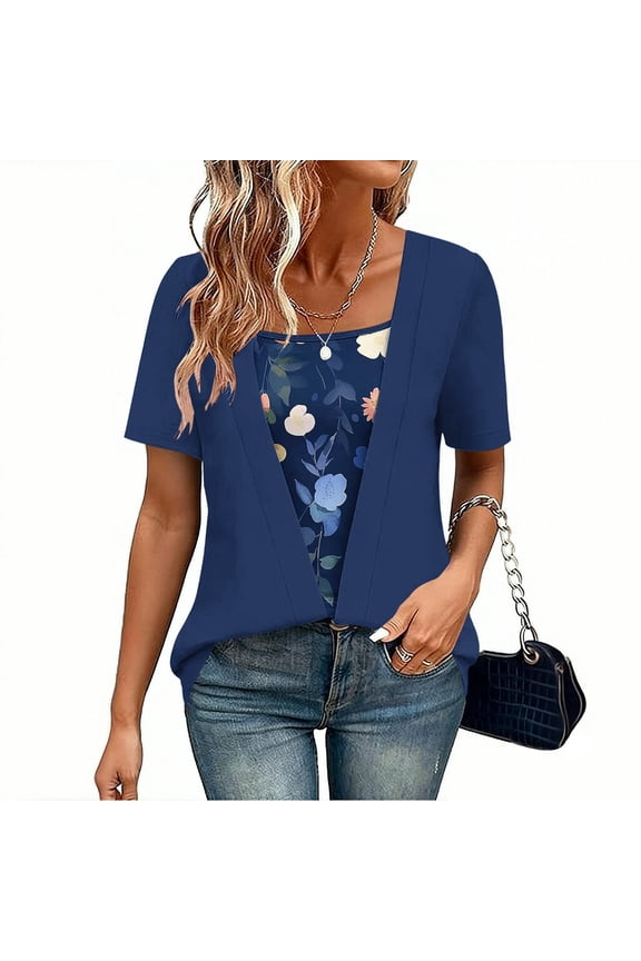 Women's T Shirts Short Sleeve Square Neck Twofer Layered Look Casual Loose Fit Graphic Print Summer Tops Navy Size 2XL