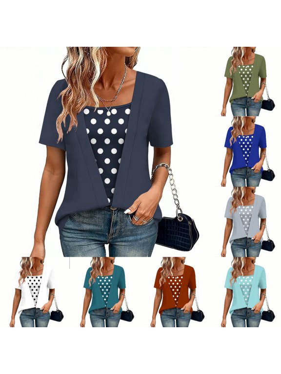 Women's T Shirts Short Sleeve Twofer Layered Look Square Neck Polka Dot Print Casual Loose Fit Summer Tops Navy Size S