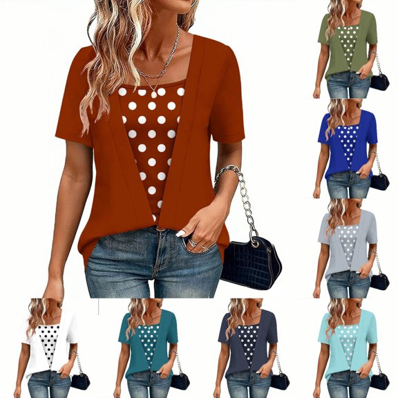 Viluyesy Women's T Shirts Short Sleeve Twofer Layered Look Square Neck Polka Dot Print Casual Loose Fit Summer Tops Red Size M