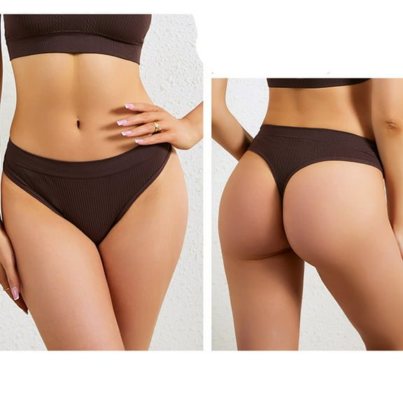 Viluyesy Women's Thong Panties, Elastic Waist Seamless Solid Color Bikini Brief Underwear Coffee S