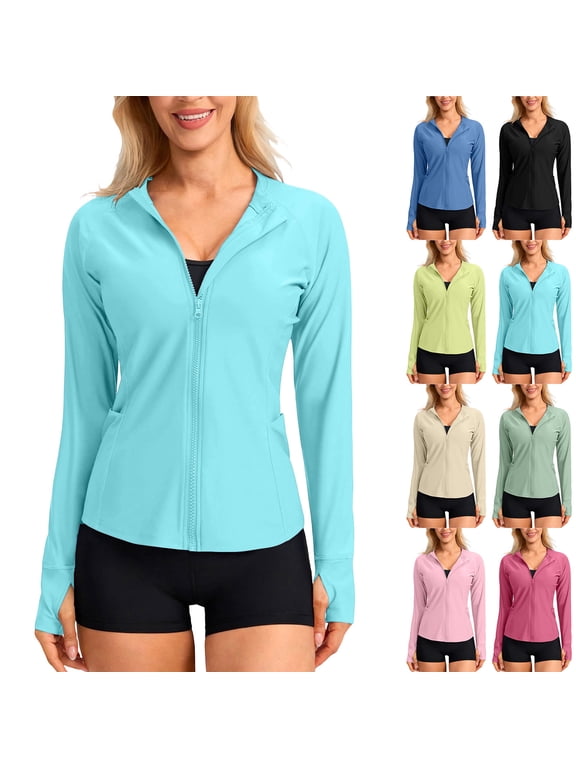 Women's UPF 50+ Rash Guard Full Zip Long Sleeve Sun Protection Swim Jackets with Pockets Thumb Holes for Swimming Surfing Beach Wear